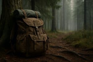 Rugged bushcraft backpack resting against a tree in the wilderness.