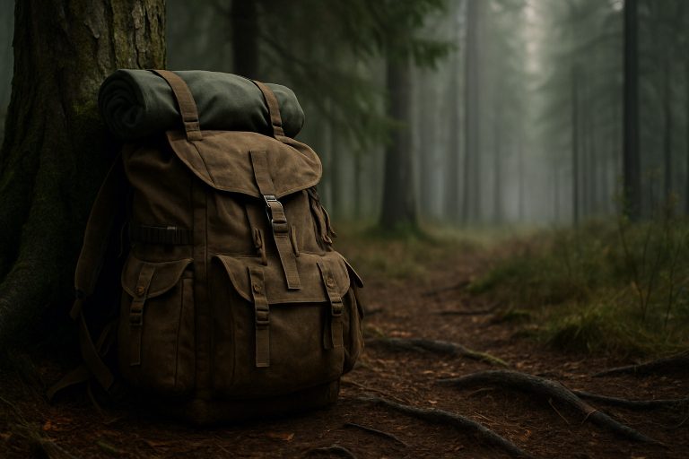 Rugged bushcraft backpack resting against a tree in the wilderness. Find the best bushcraft backpack for long trips with our top picks for 2025. Discover rugged, reliable backpacks built for extended outdoor adventures and survival.