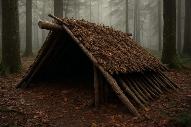 Bushcraft shelter built from logs and leaves in a foggy forest. how to build a bushcraft shelter.